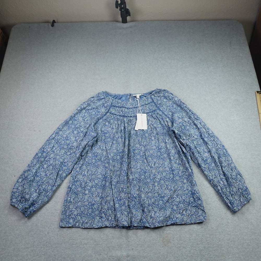 Lucky Brand Blouse Womens Medium Blue Floral Boho Lace Trim Top